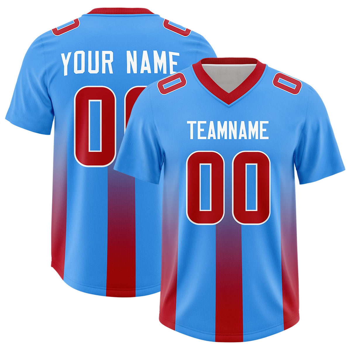 Custom Light Blue Red Vertical Width Stripe Gradient Fashion Personalized Team American Football Jersey
