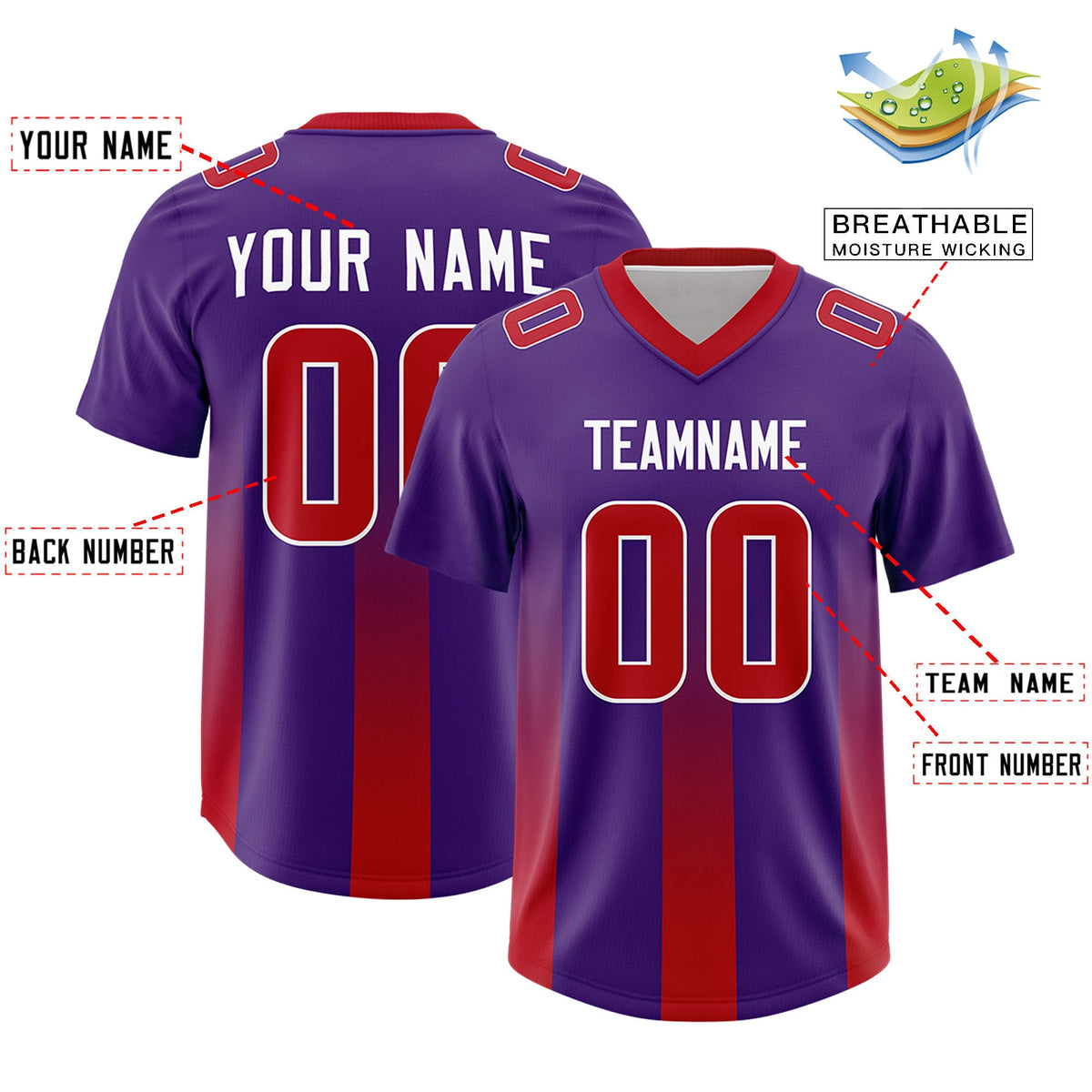 Custom Purple Red Vertical Width Stripe Gradient Fashion Personalized Team American Football Jersey