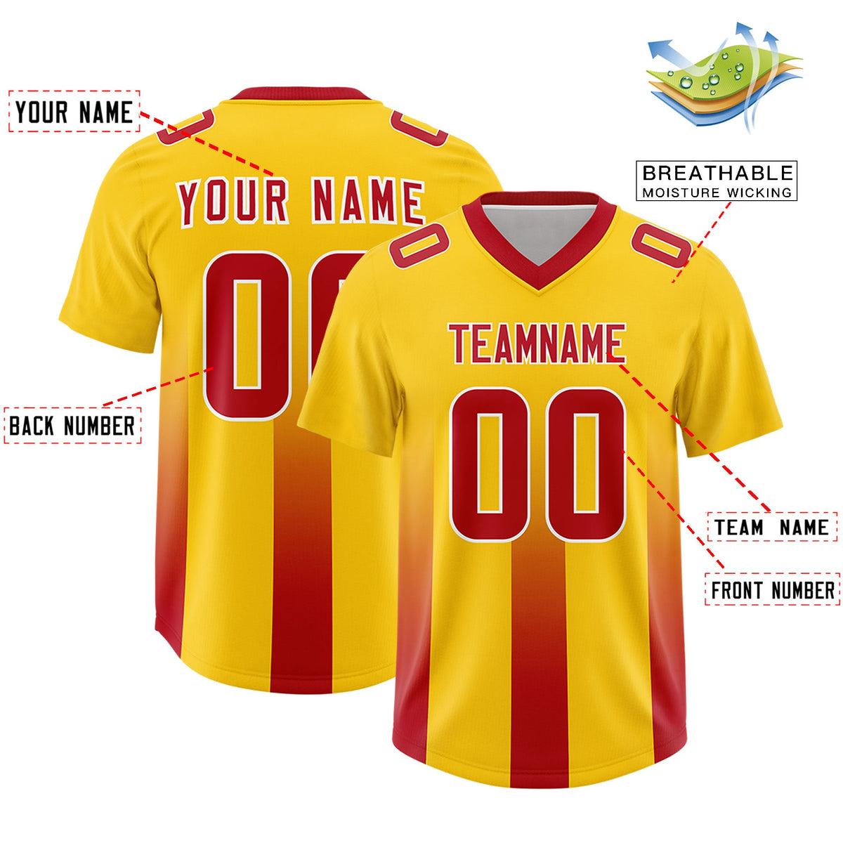 Custom Yellow Red Vertical Width Stripe Gradient Fashion Personalized Team American Football Jersey