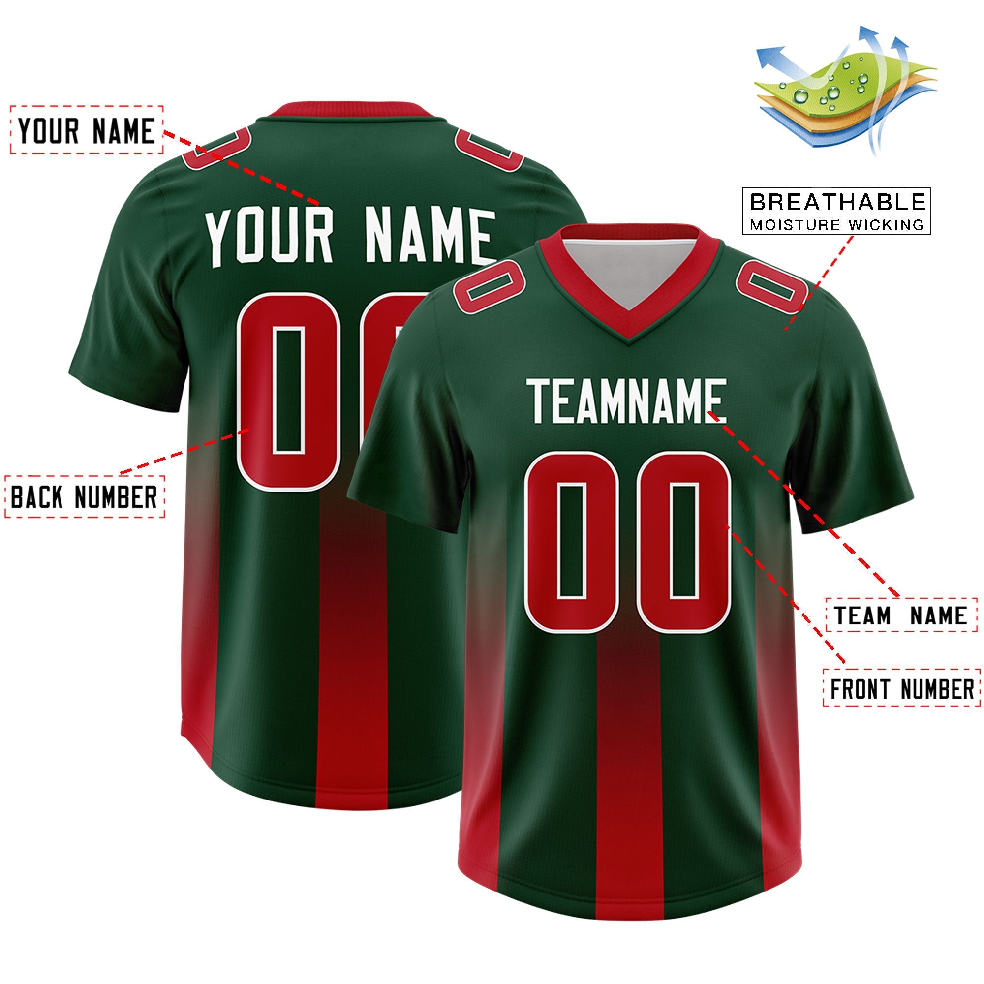 Custom Green Red Vertical Width Stripe Gradient Fashion Personalized Team American Football Jersey
