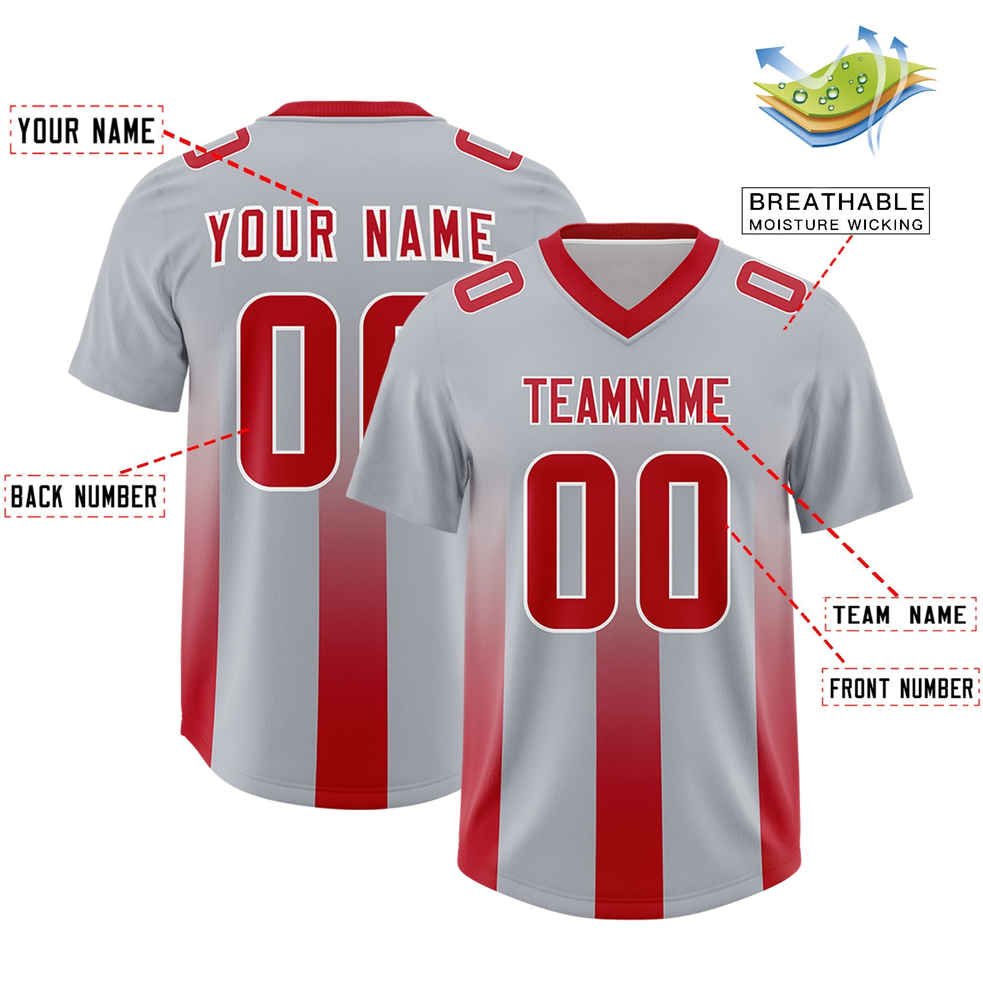 Custom Gray Red Vertical Width Stripe Gradient Fashion Personalized Team American Football Jersey