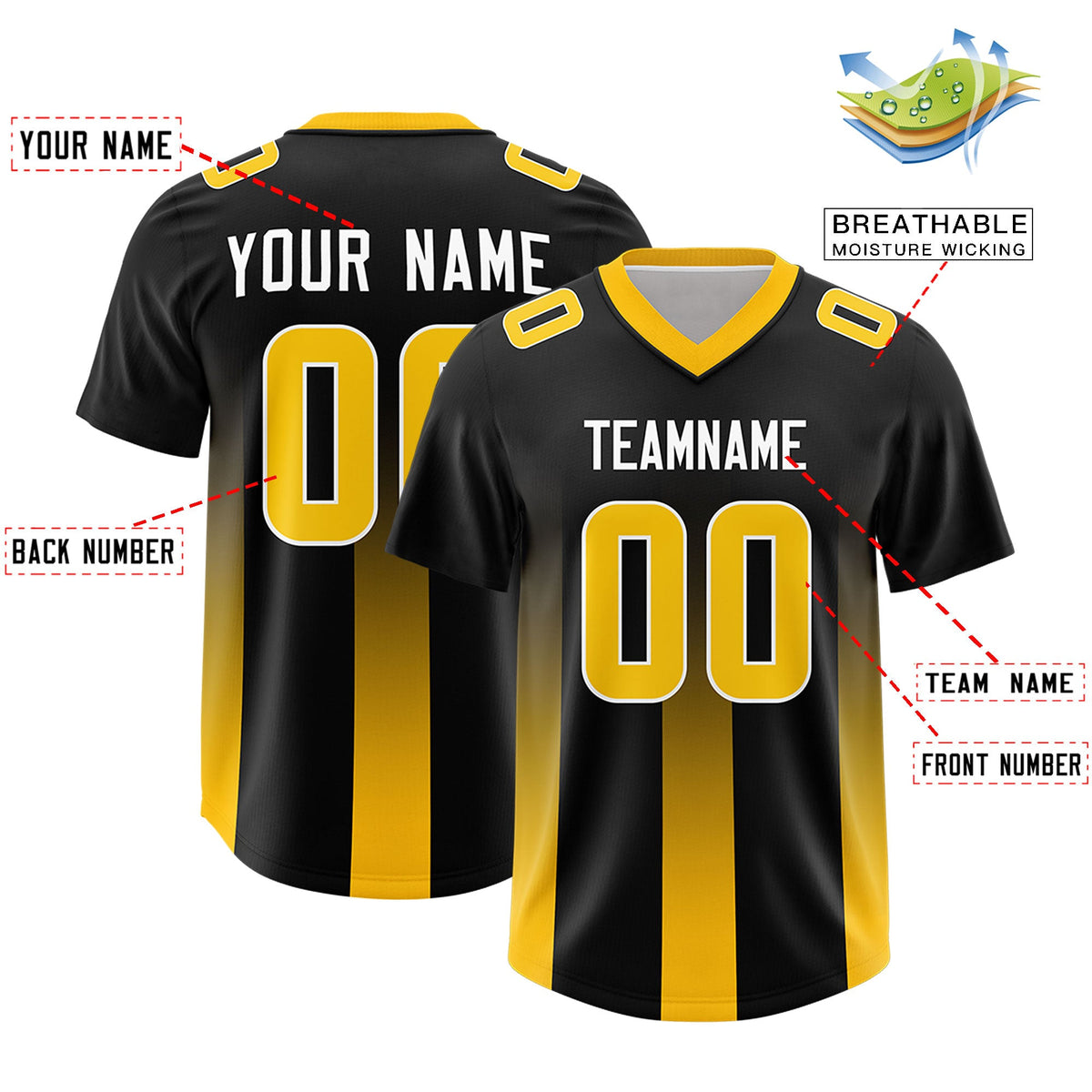 Custom Black Yellow Vertical Width Stripe Gradient Fashion Personalized Team American Football Jersey