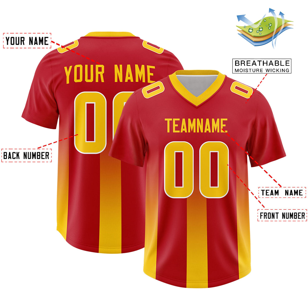 Custom Red Yellow Vertical Width Stripe Gradient Fashion Personalized Team American Football Jersey