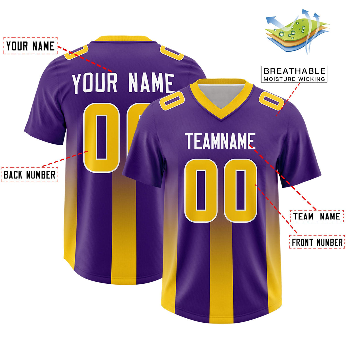 Custom Purple Yellow Vertical Width Stripe Gradient Fashion Personalized Team American Football Jersey
