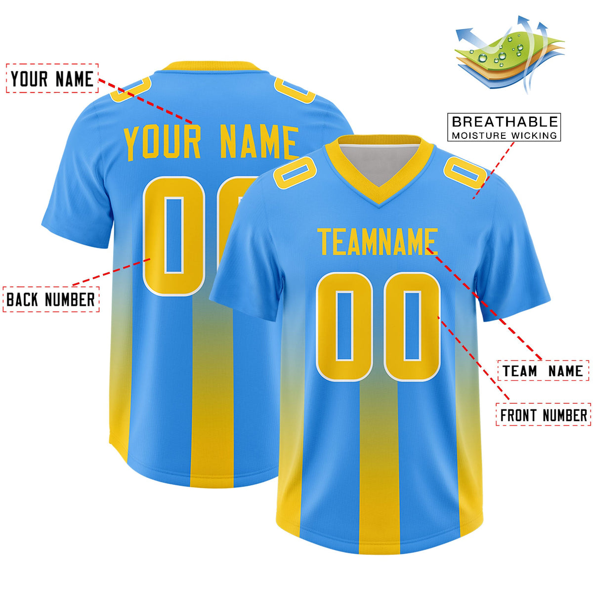 Custom Light Blue Yellow Vertical Width Stripe Gradient Fashion Personalized Team American Football Jersey