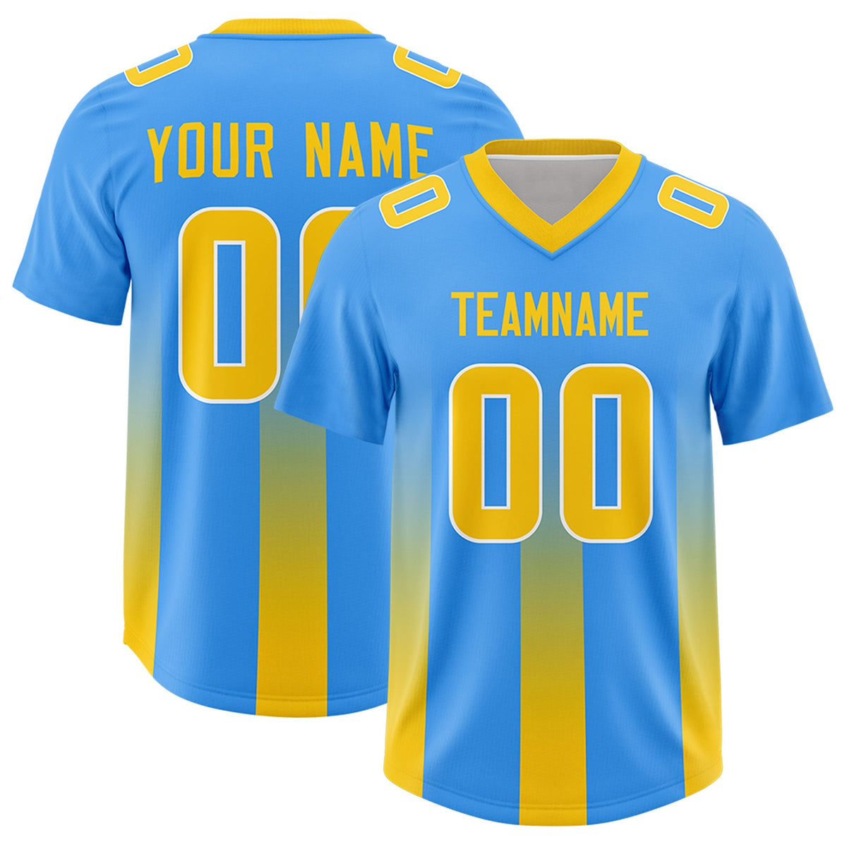 Custom Light Blue Yellow Vertical Width Stripe Gradient Fashion Personalized Team American Football Jersey