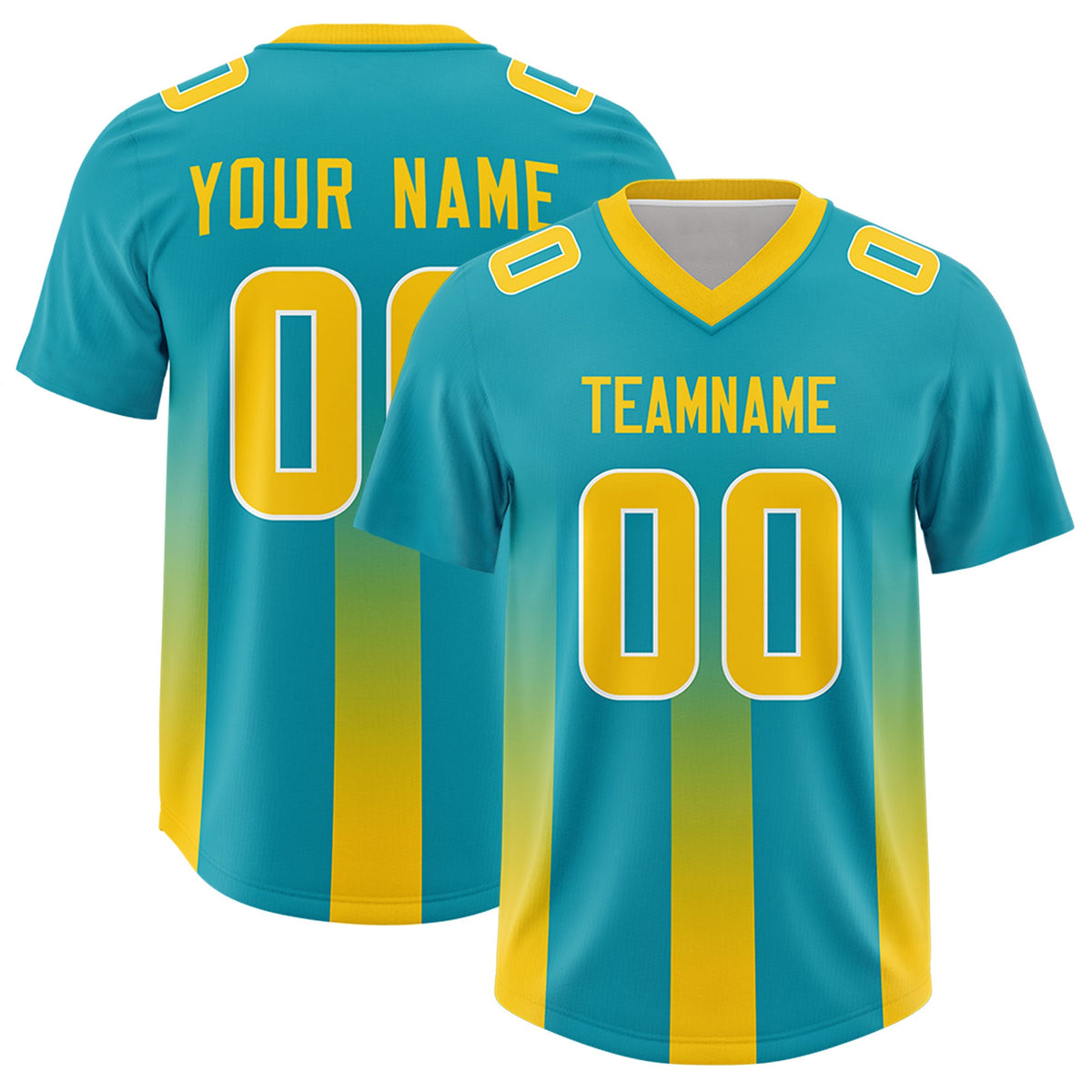 Custom Aqua Yellow Vertical Width Stripe Gradient Fashion Personalized Team American Football Jersey