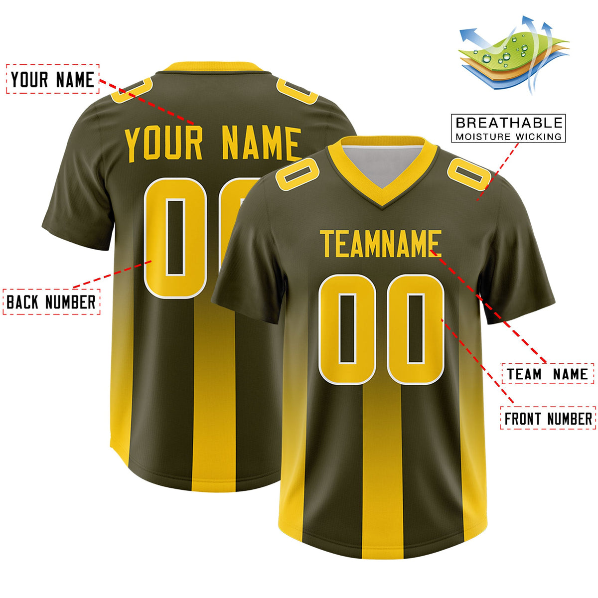 Custom Olive Yellow Vertical Width Stripe Gradient Fashion Personalized Team American Football Jersey