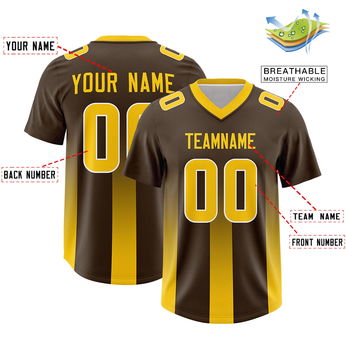 Custom Brown Yellow Vertical Width Stripe Gradient Fashion Personalized Team American Football Jersey