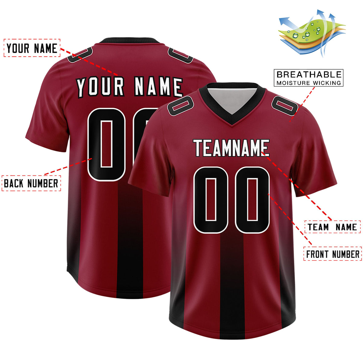 Custom Cardinal Black Vertical Width Stripe Gradient Fashion Personalized Team American Football Jersey