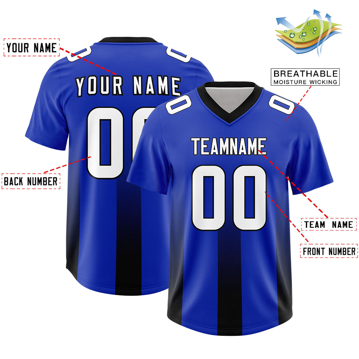 Custom Royal Black Vertical Width Stripe Gradient Fashion Personalized Team American Football Jersey