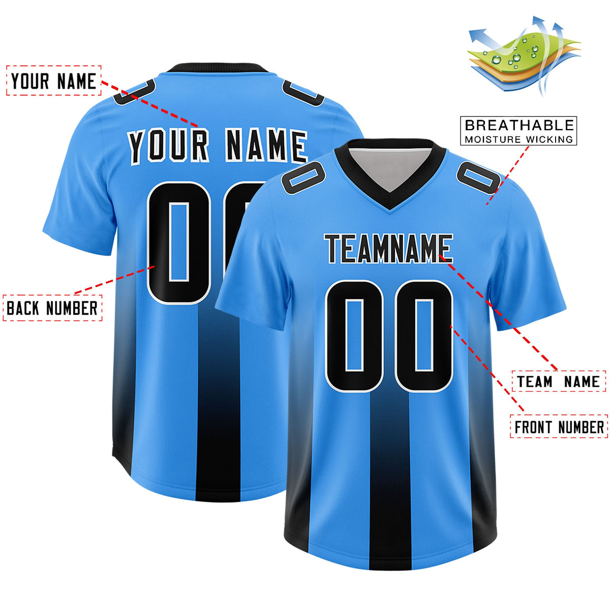 Custom Light Blue Black Vertical Width Stripe Gradient Fashion Personalized Team American Football Jersey