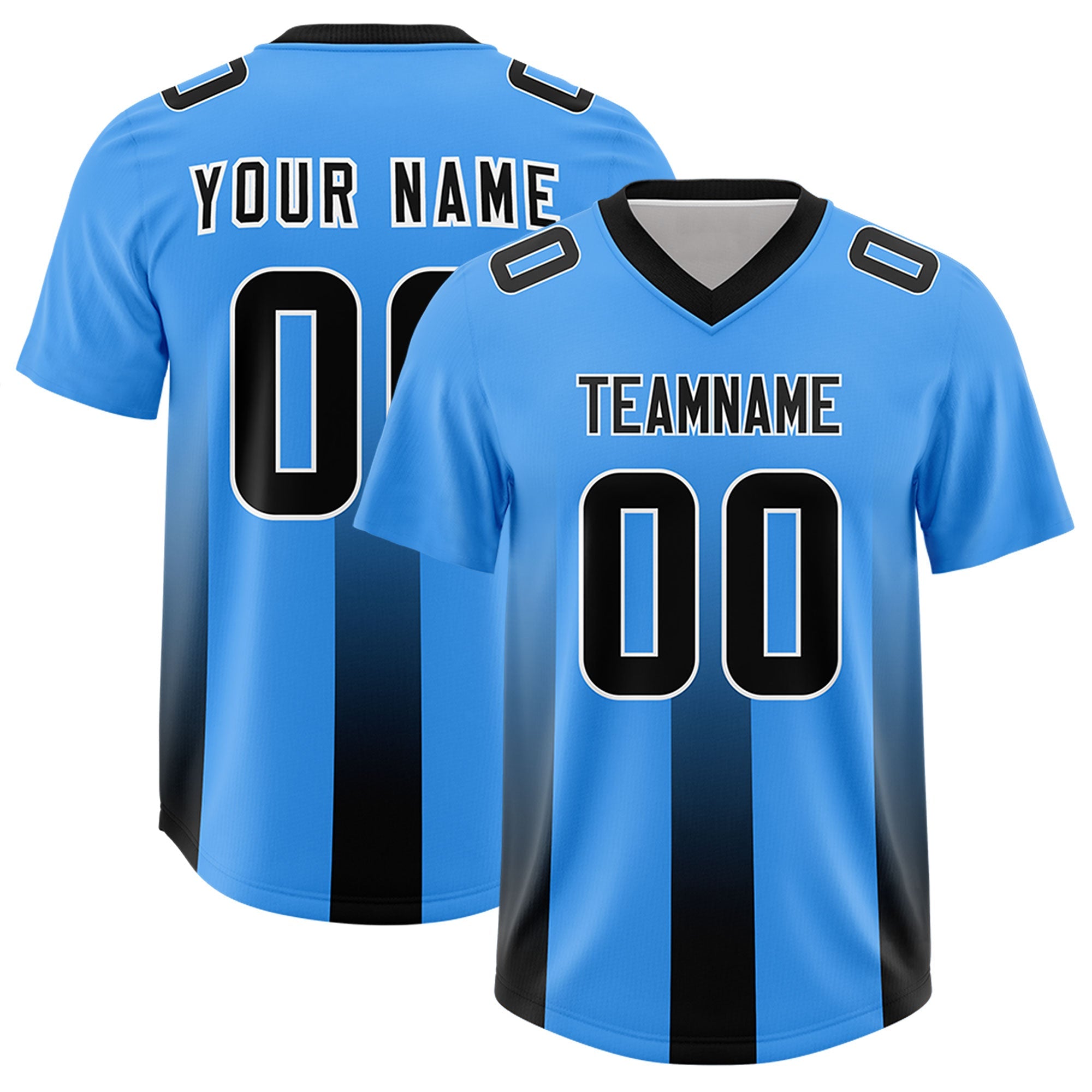 Custom Light Blue Black Vertical Width Stripe Gradient Fashion Personalized Team American Football Jersey