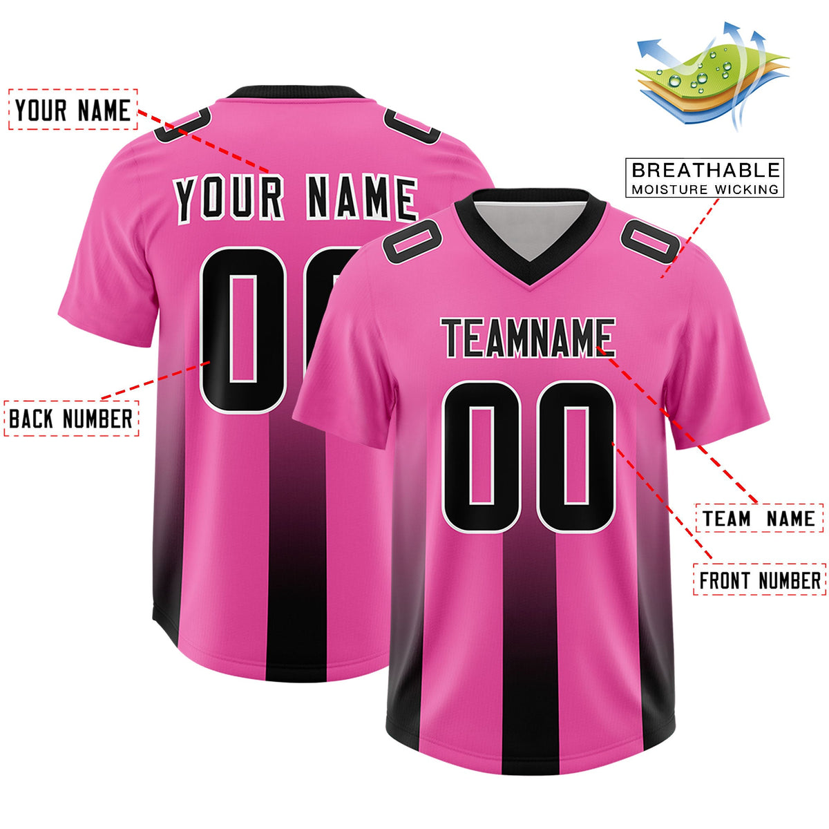 Custom Pink Black Vertical Width Stripe Gradient Fashion Personalized Team American Football Jersey