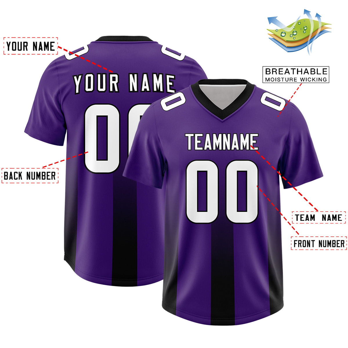 Custom Purple Black Vertical Width Stripe Gradient Fashion Personalized Team American Football Jersey
