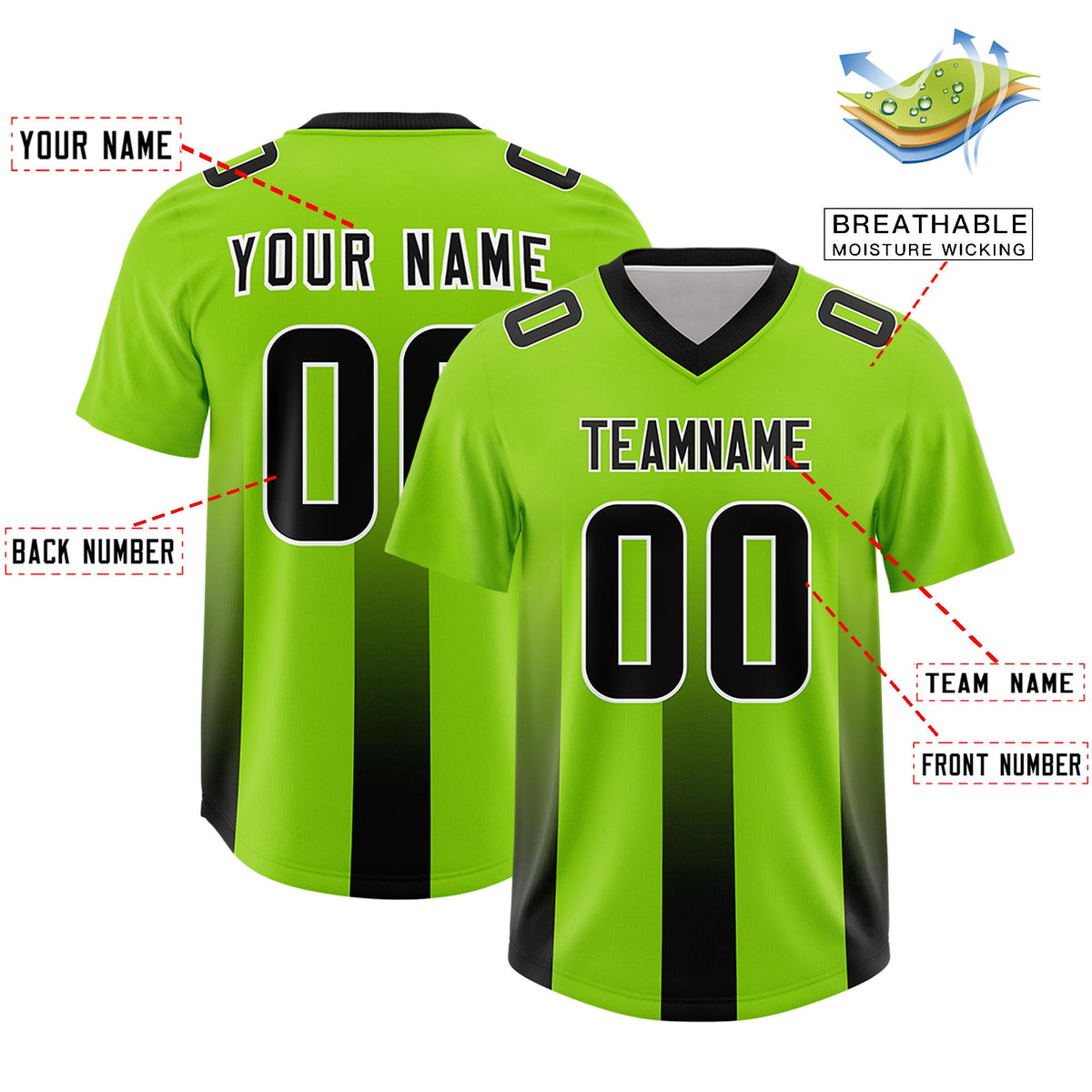 Custom Neon Green Black Vertical Width Stripe Gradient Fashion Personalized Team American Football Jersey