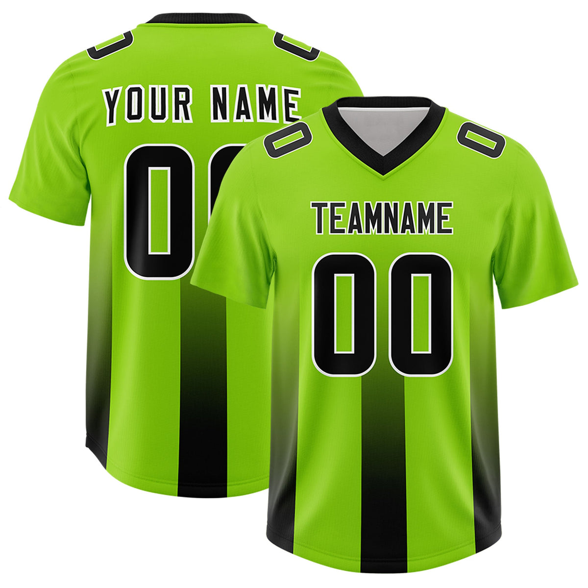 Custom Neon Green Black Vertical Width Stripe Gradient Fashion Personalized Team American Football Jersey