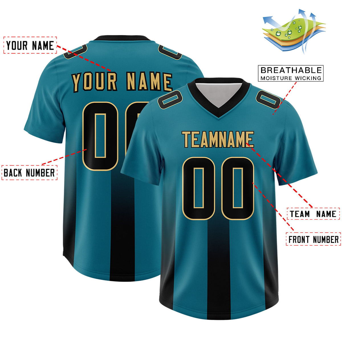 Custom Aqua Black Vertical Width Stripe Gradient Fashion Personalized Team American Football Jersey