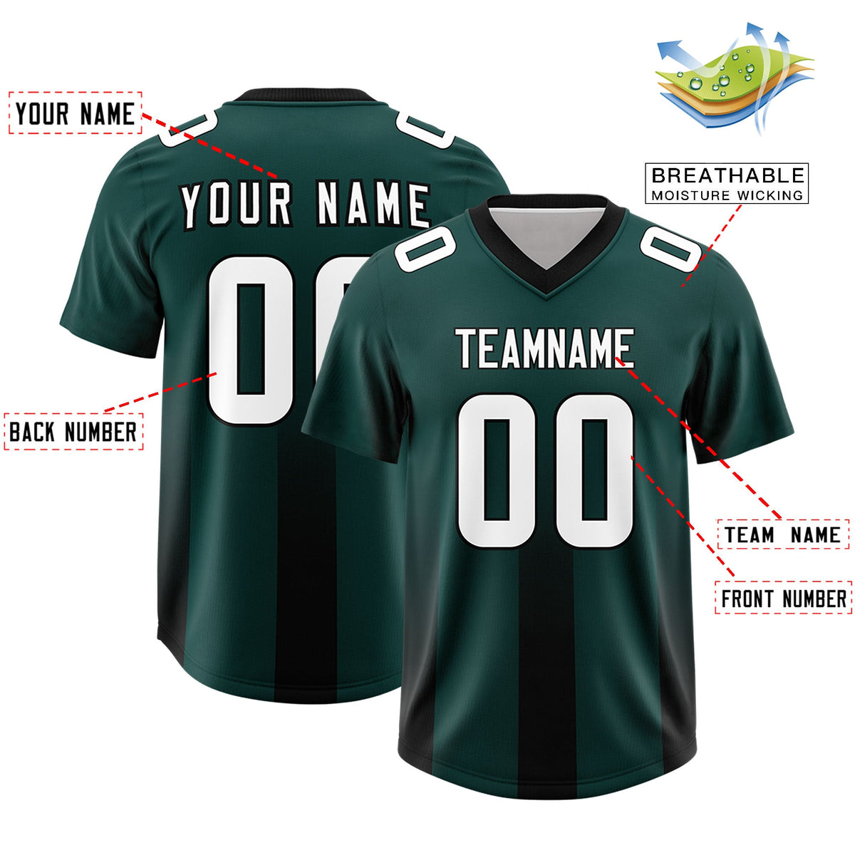 Custom Midnight Green Black Vertical Width Stripe Gradient Fashion Personalized Team American Football Jersey