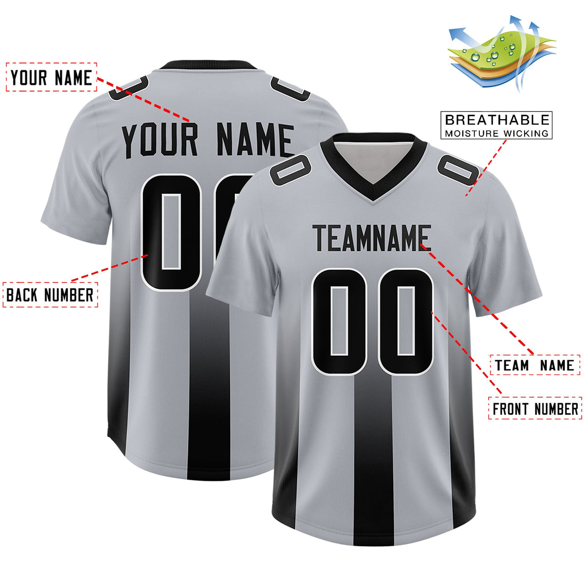 Custom Gray Black Vertical Width Stripe Gradient Fashion Personalized Team American Football Jersey