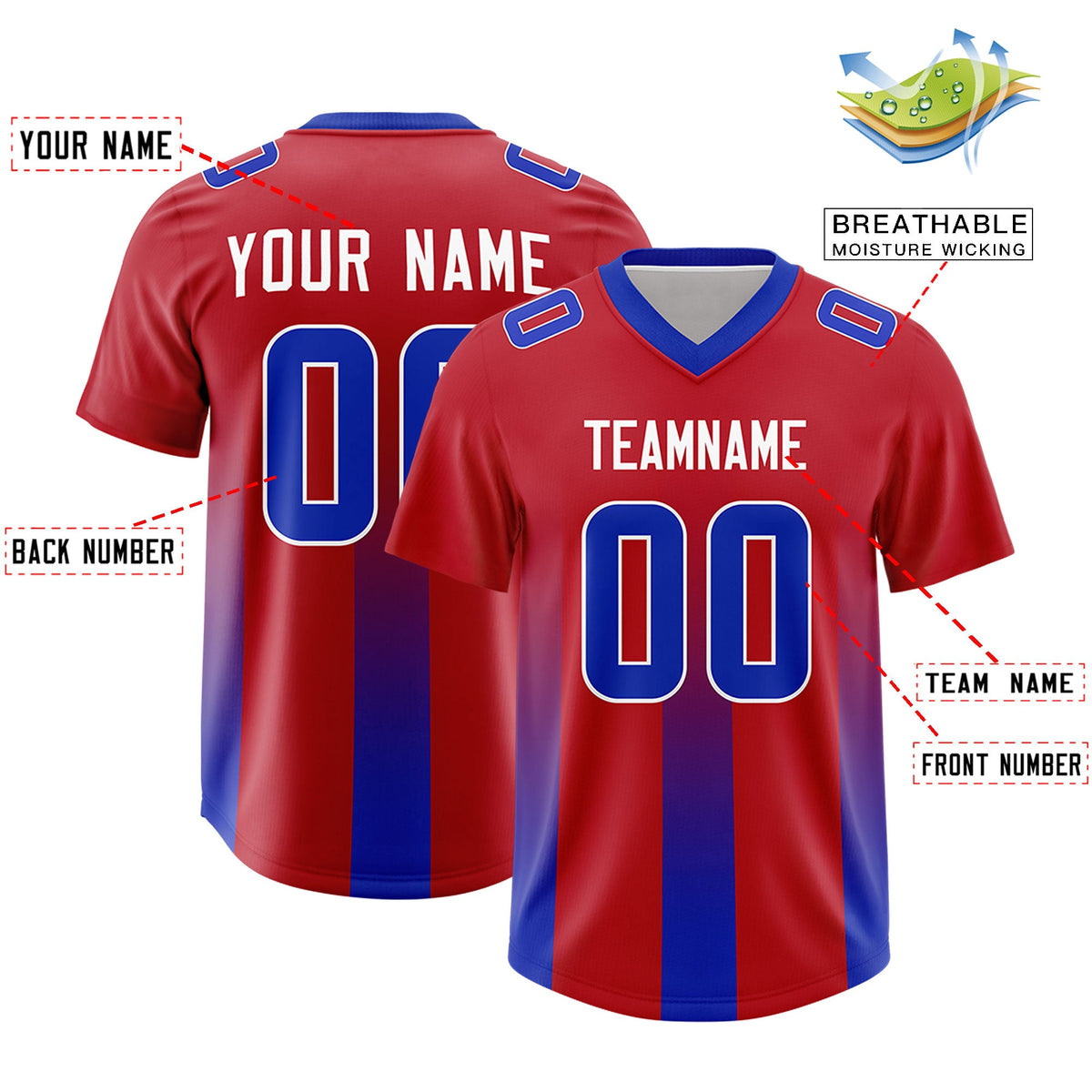 Custom Red Royal Vertical Width Stripe Gradient Fashion Personalized Team American Football Jersey