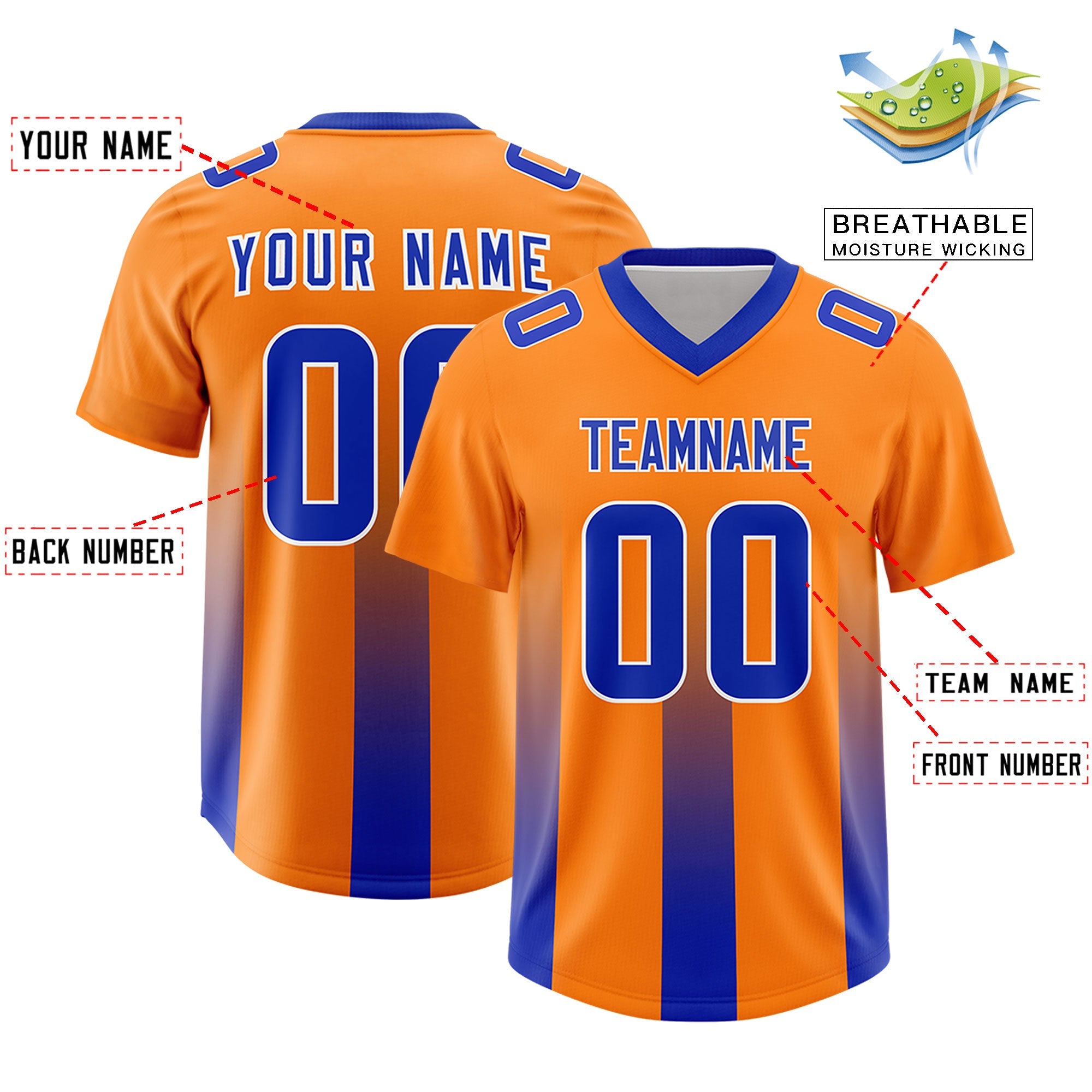 Custom Orange Royal Vertical Width Stripe Gradient Fashion Personalized Team American Football Jersey
