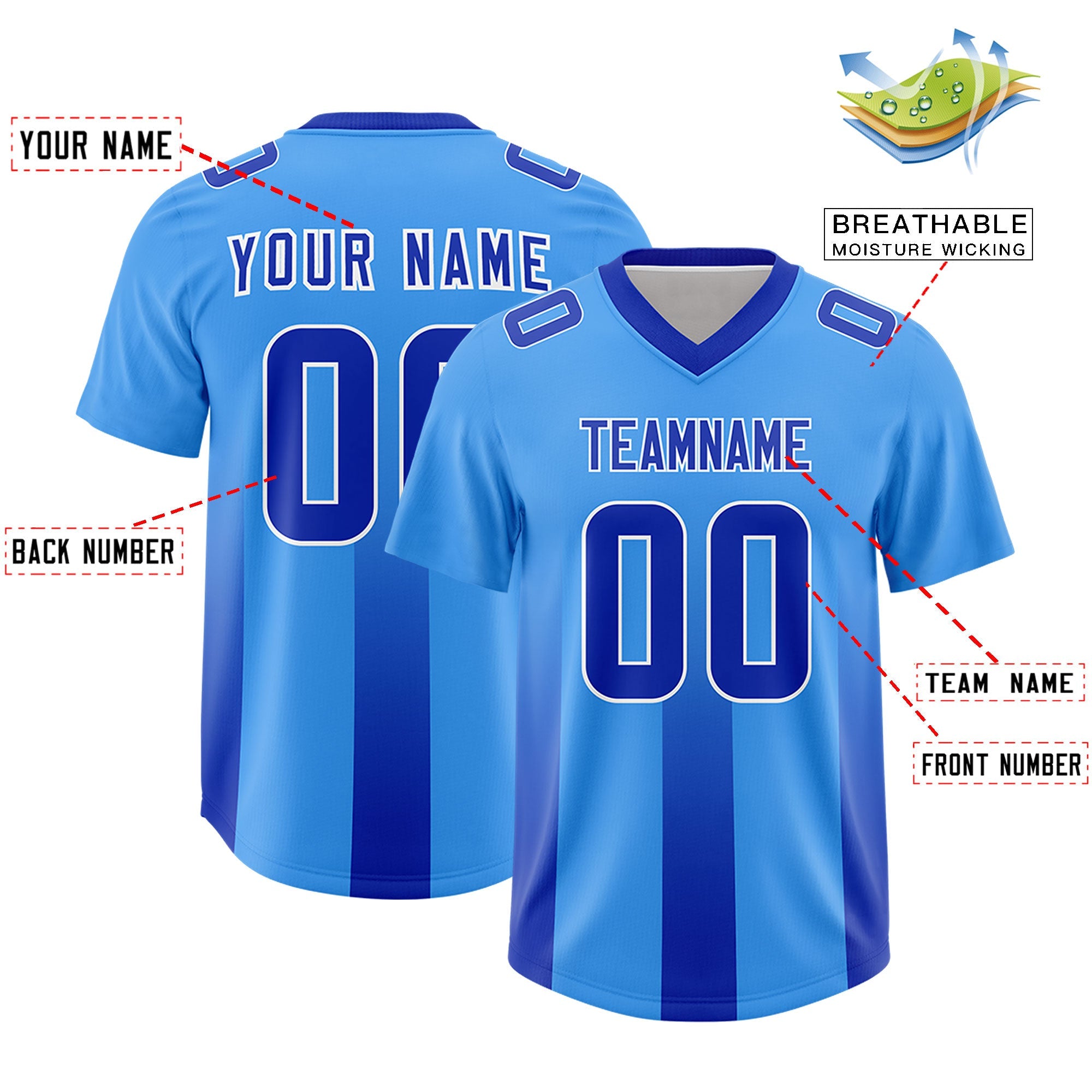 Custom Light Blue Royal Vertical Width Stripe Gradient Fashion Personalized Team American Football Jersey