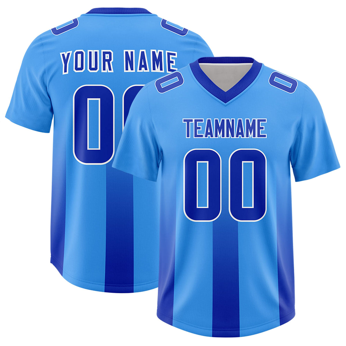 Custom Light Blue Royal Vertical Width Stripe Gradient Fashion Personalized Team American Football Jersey