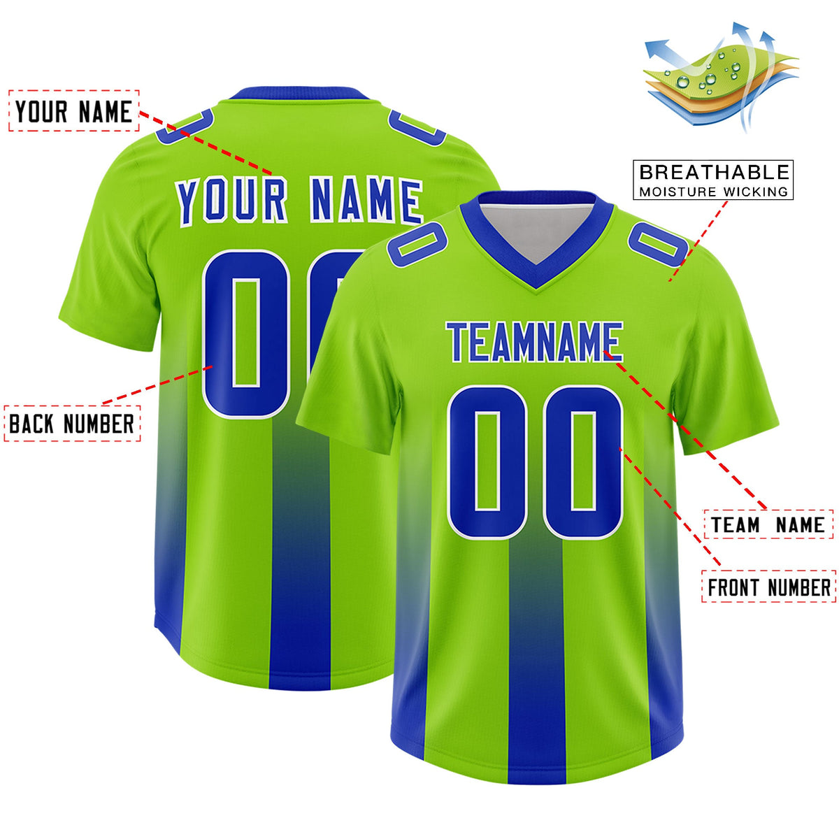 Custom Neon Green Royal Vertical Width Stripe Gradient Fashion Personalized Team American Football Jersey