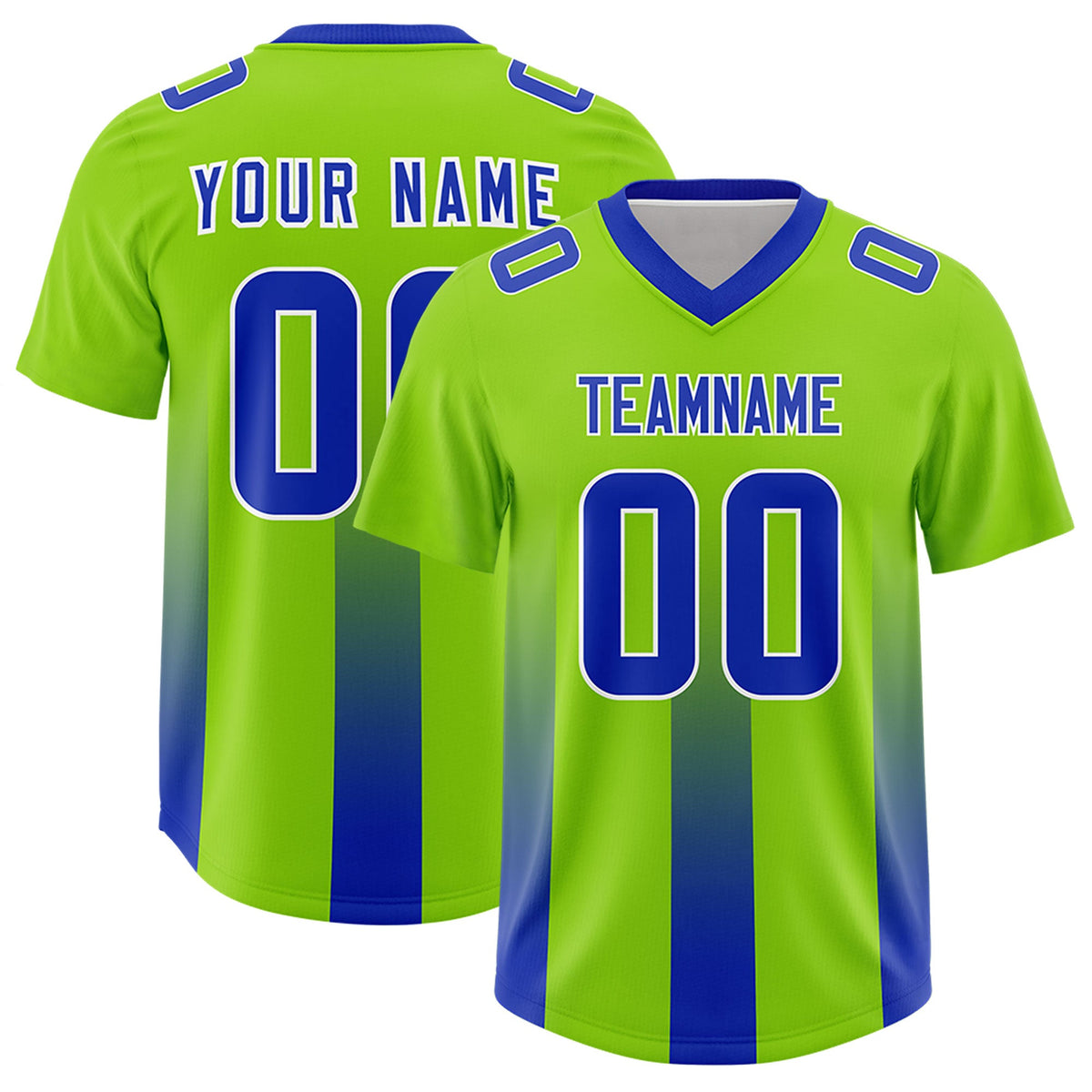 Custom Neon Green Royal Vertical Width Stripe Gradient Fashion Personalized Team American Football Jersey