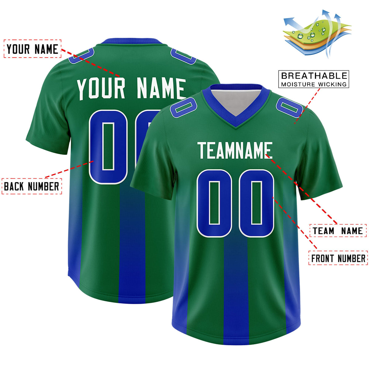 Custom Kelly Green Royal Vertical Width Stripe Gradient Fashion Personalized Team American Football Jersey