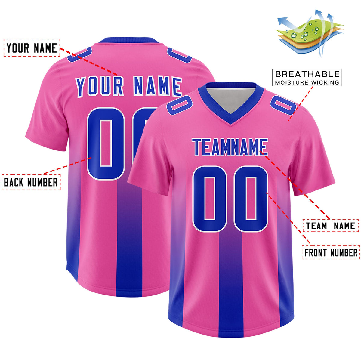 Custom Pink Royal Vertical Width Stripe Gradient Fashion Personalized Team American Football Jersey
