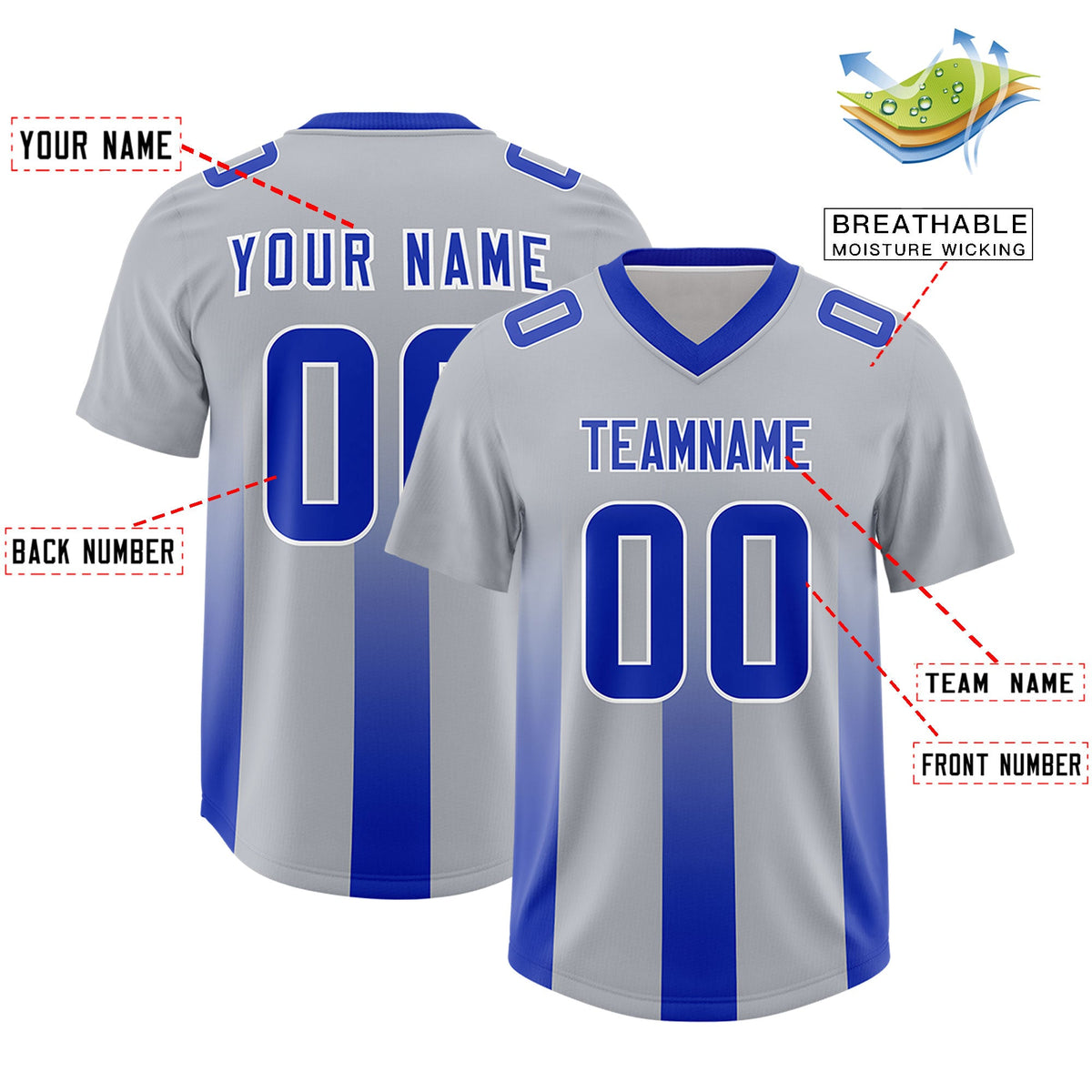 Custom Gray Royal Vertical Width Stripe Gradient Fashion Personalized Team American Football Jersey
