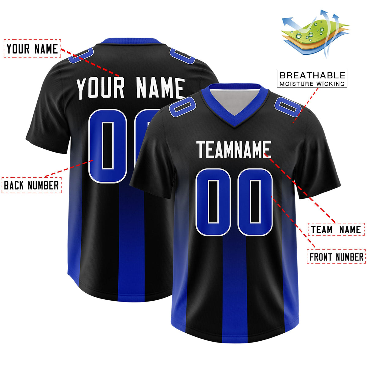 Custom Black Royal Vertical Width Stripe Gradient Fashion Personalized Team American Football Jersey