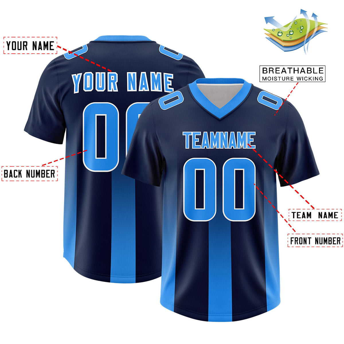 Custom Navy Light Blue Vertical Width Stripe Gradient Fashion Personalized Team American Football Jersey