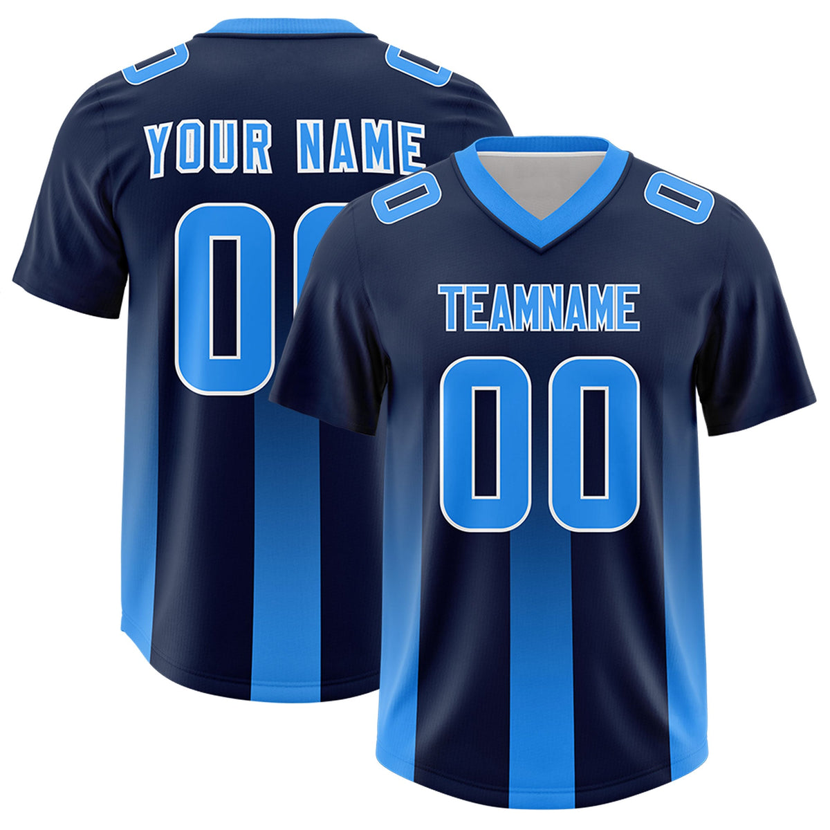 Custom Navy Light Blue Vertical Width Stripe Gradient Fashion Personalized Team American Football Jersey