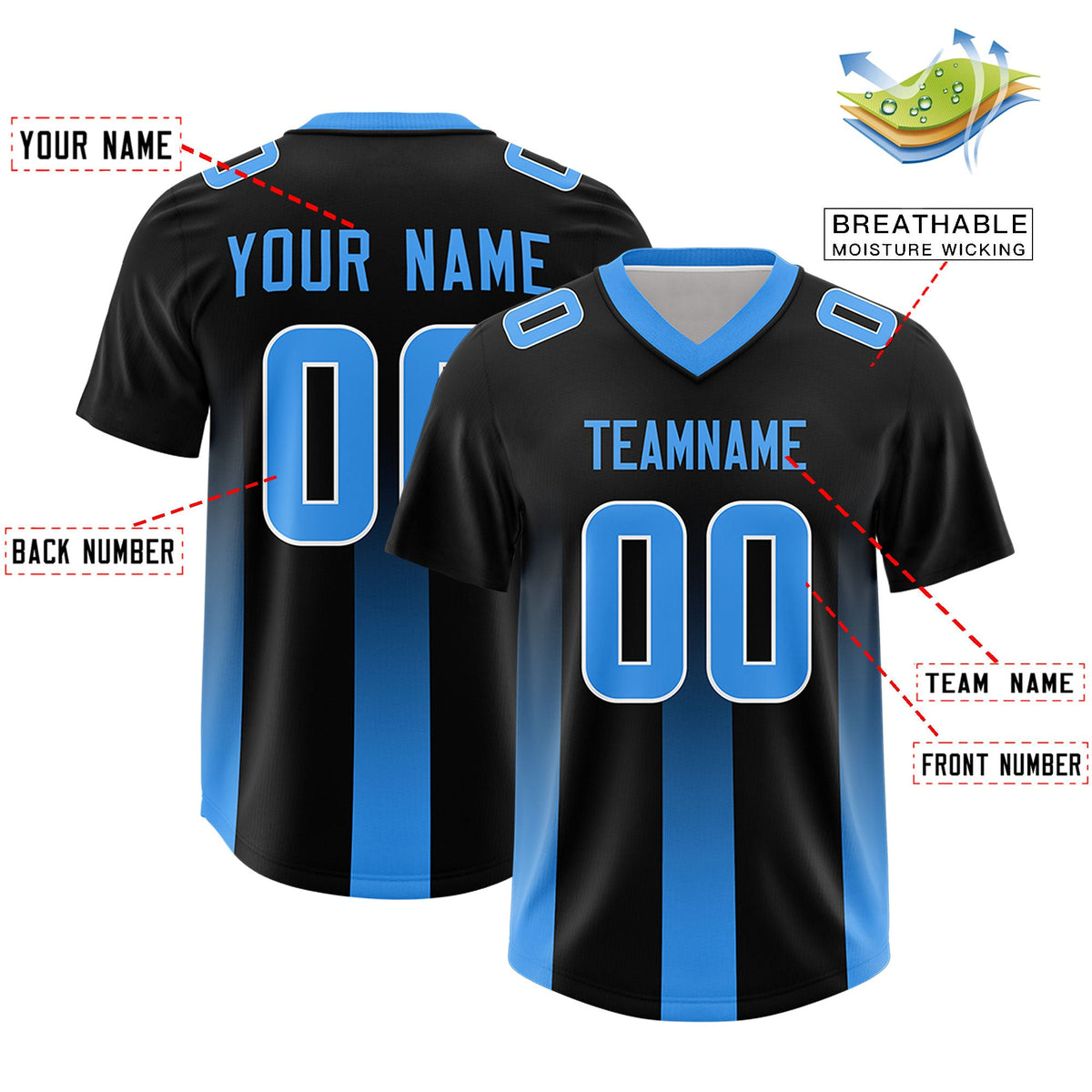 Custom Black Light Blue Vertical Width Stripe Gradient Fashion Personalized Team American Football Jersey