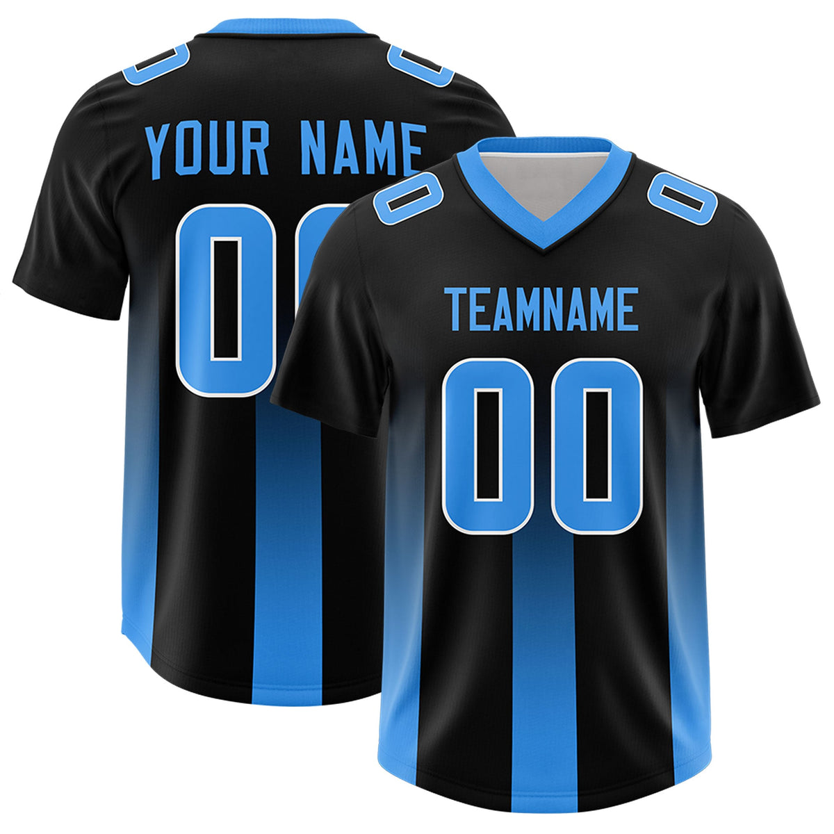 Custom Black Light Blue Vertical Width Stripe Gradient Fashion Personalized Team American Football Jersey