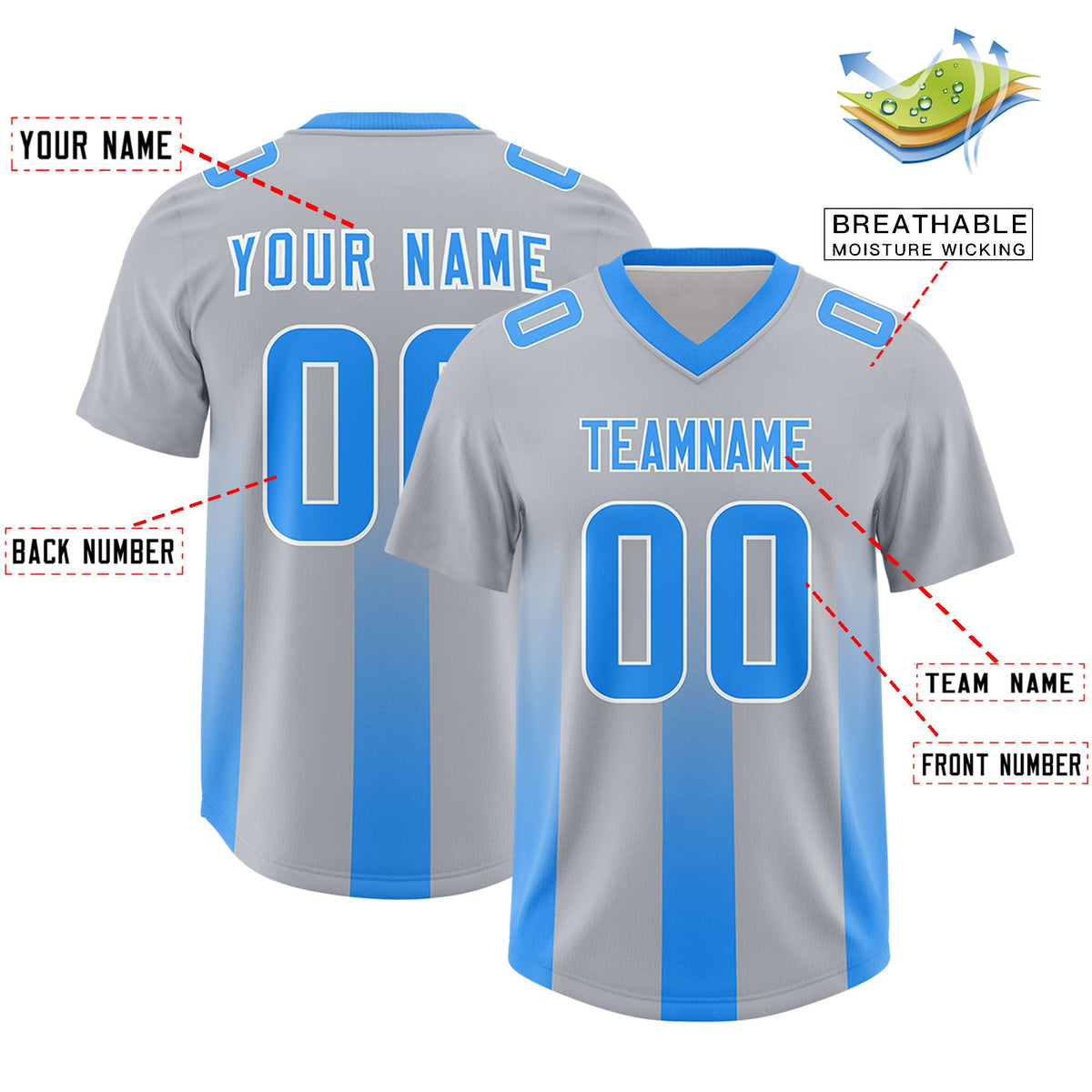 Custom Gray Light Blue Vertical Width Stripe Gradient Fashion Personalized Team American Football Jersey