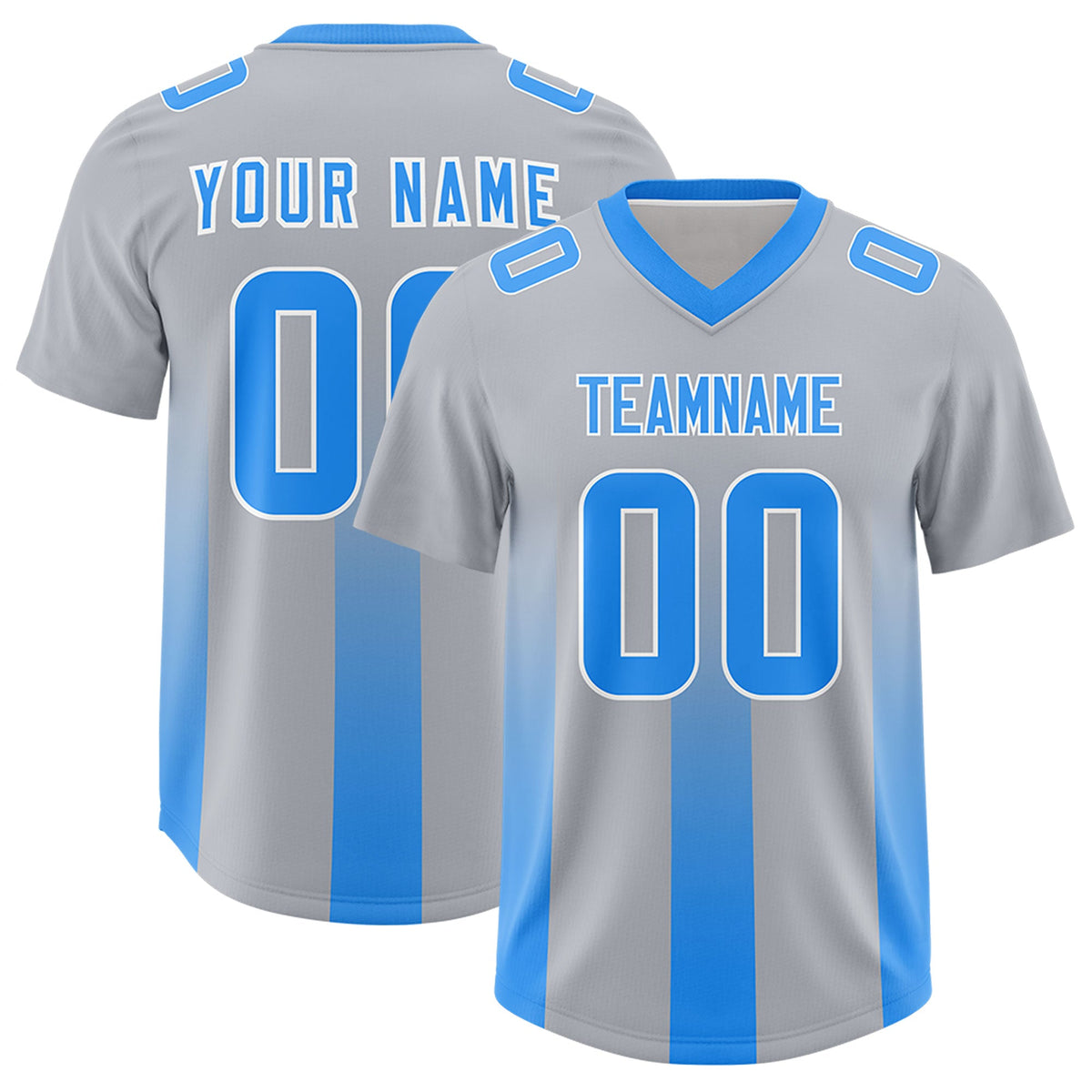 Custom Gray Light Blue Vertical Width Stripe Gradient Fashion Personalized Team American Football Jersey