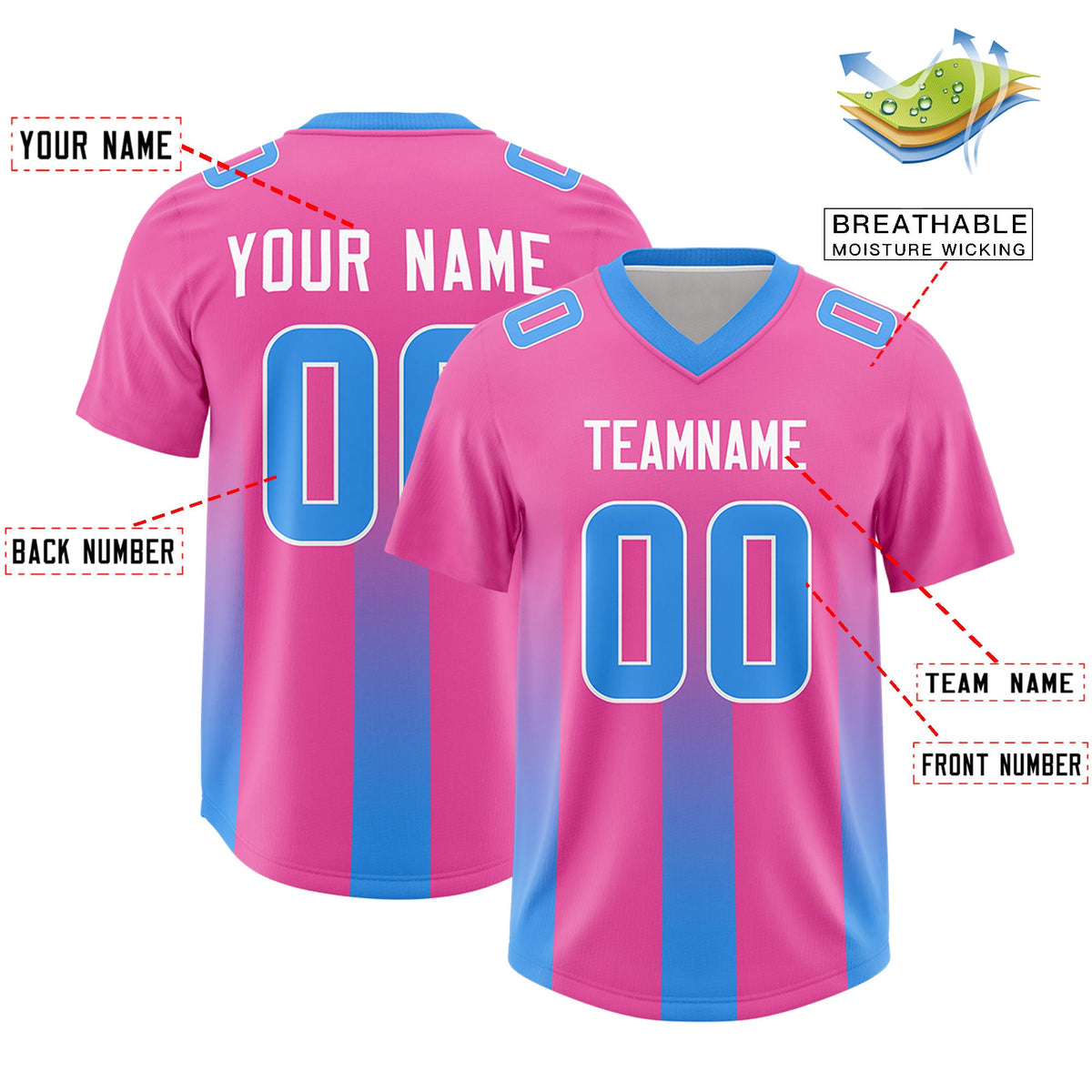 Custom Pink Light Blue Vertical Width Stripe Gradient Fashion Personalized Team American Football Jersey
