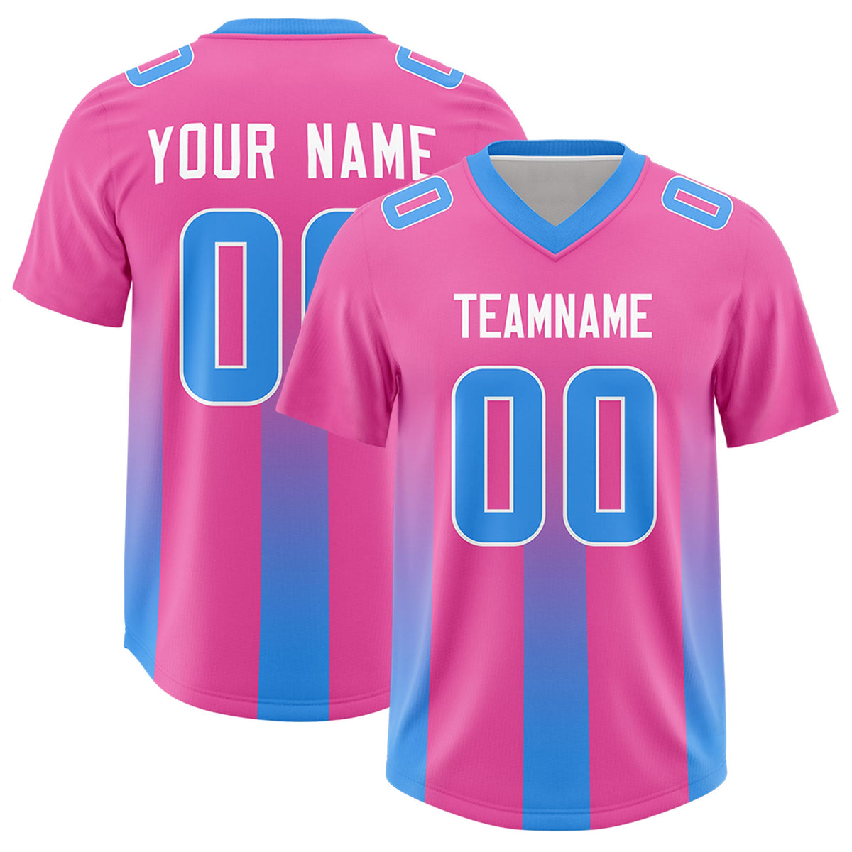 Custom Pink Light Blue Vertical Width Stripe Gradient Fashion Personalized Team American Football Jersey