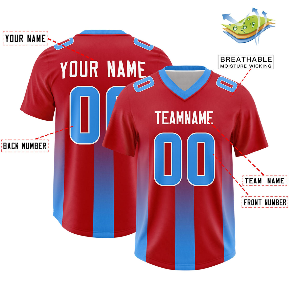 Custom Red Light Blue Vertical Width Stripe Gradient Fashion Personalized Team American Football Jersey