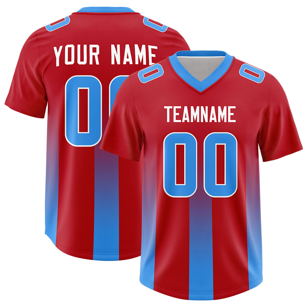 Custom Red Light Blue Vertical Width Stripe Gradient Fashion Personalized Team American Football Jersey
