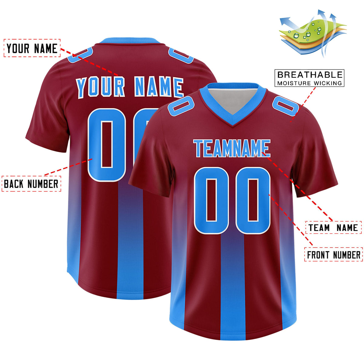 Custom Cardinal Light Blue Vertical Width Stripe Gradient Fashion Personalized Team American Football Jersey