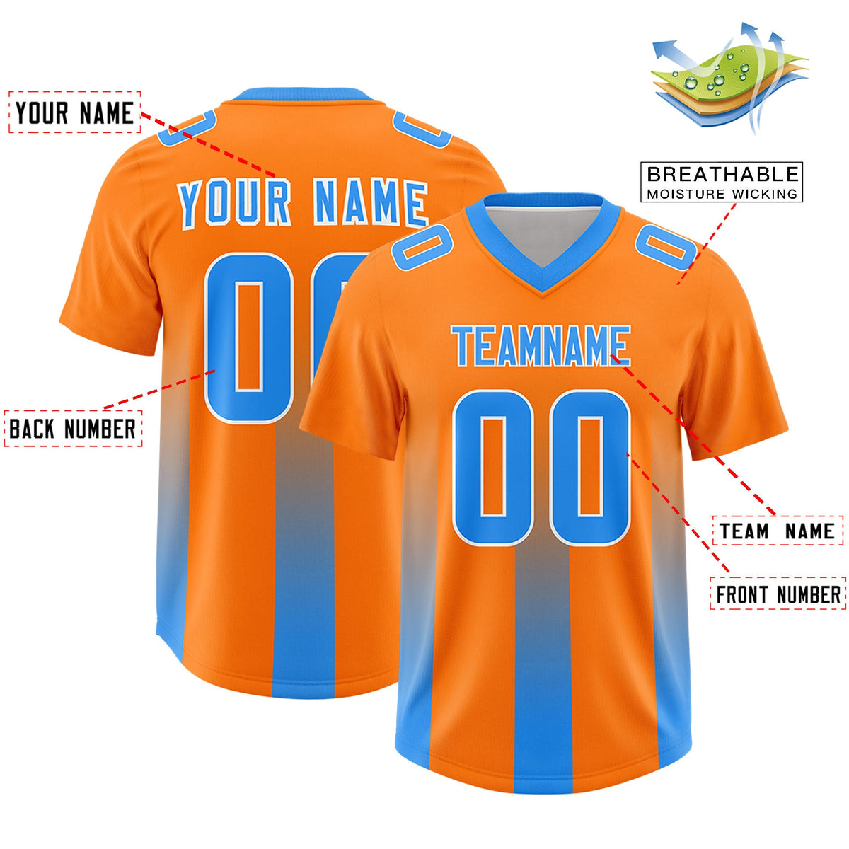 Custom Orange Light Blue Vertical Width Stripe Gradient Fashion Personalized Team American Football Jersey