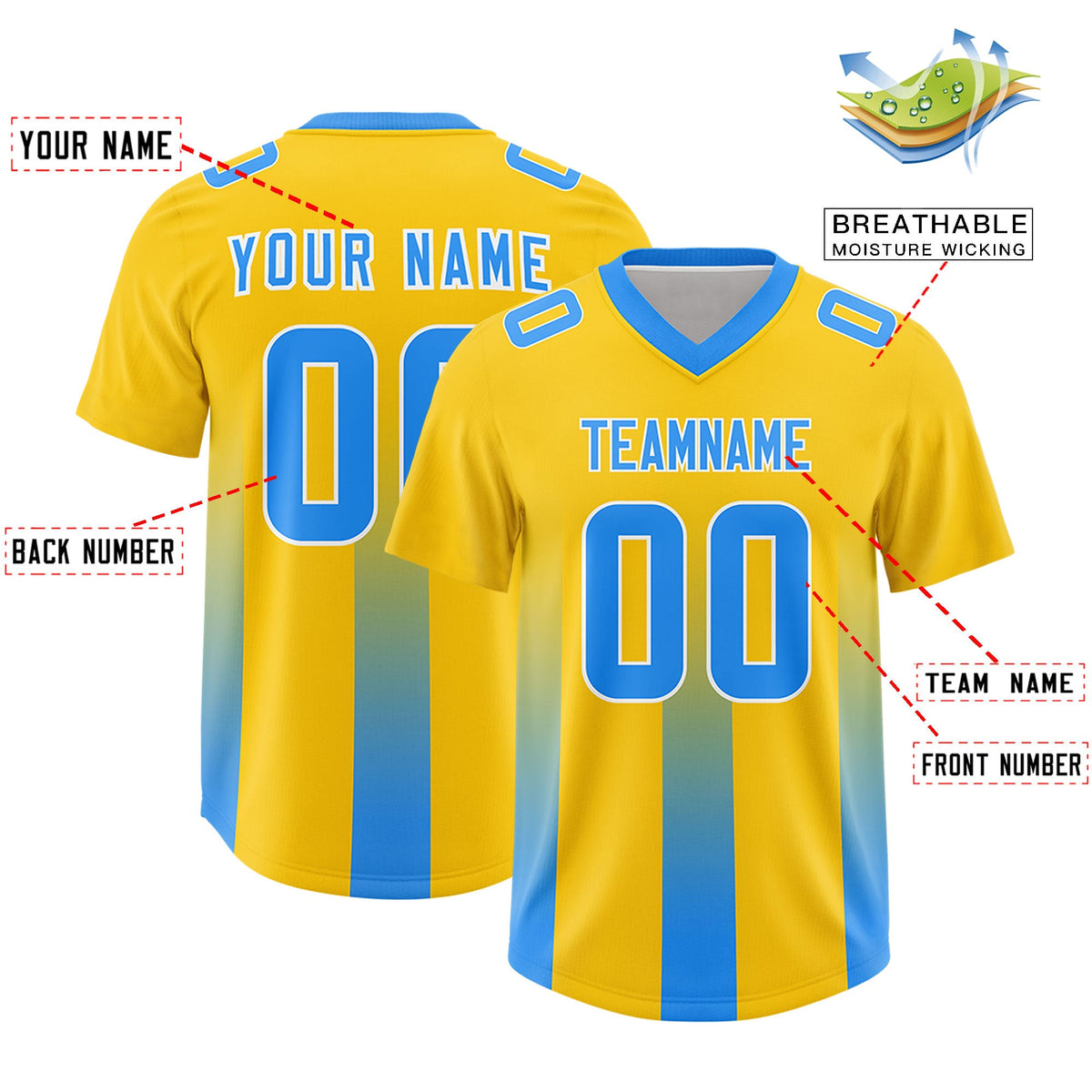 Custom Yellow Light Blue Vertical Width Stripe Gradient Fashion Personalized Team American Football Jersey