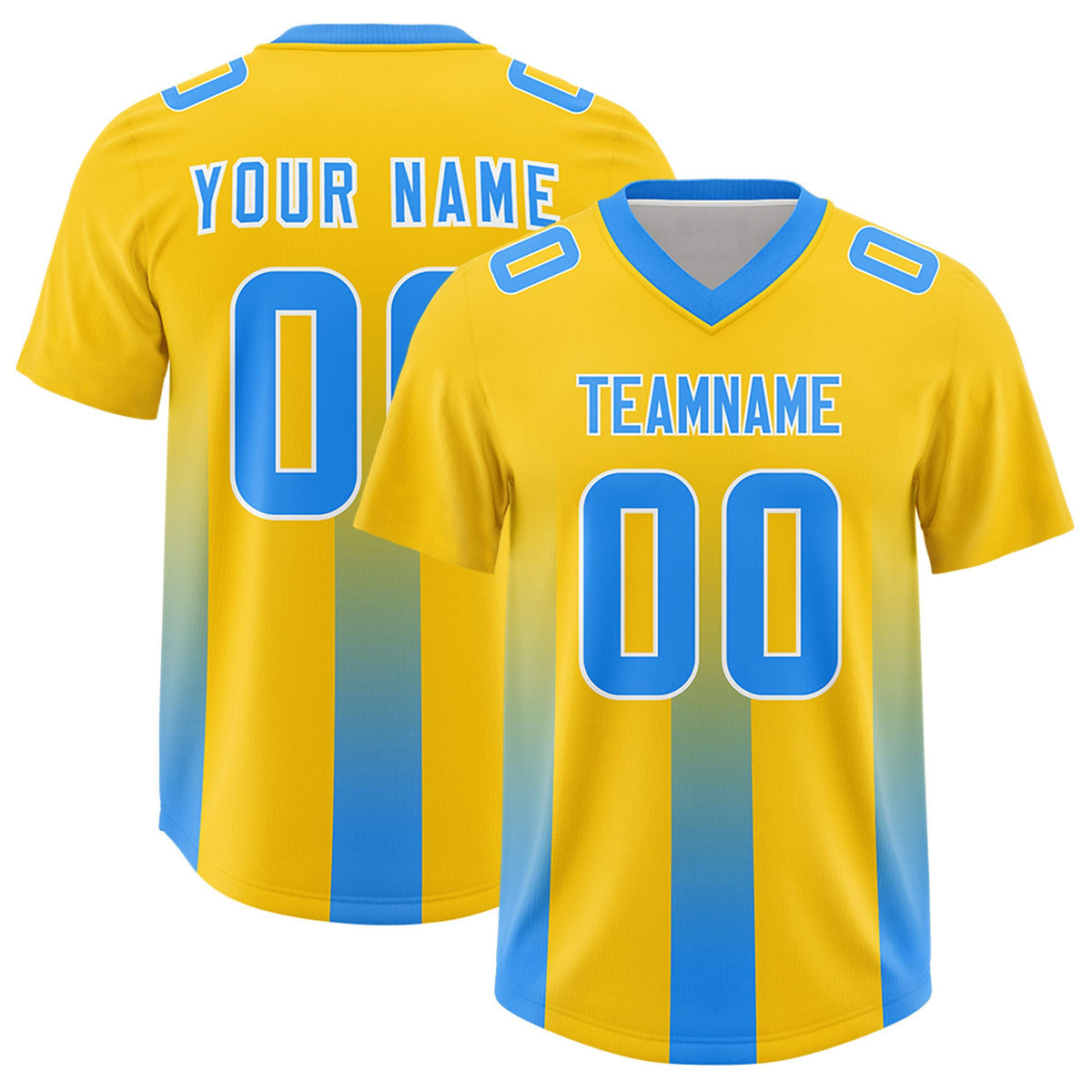 Custom Yellow Light Blue Vertical Width Stripe Gradient Fashion Personalized Team American Football Jersey
