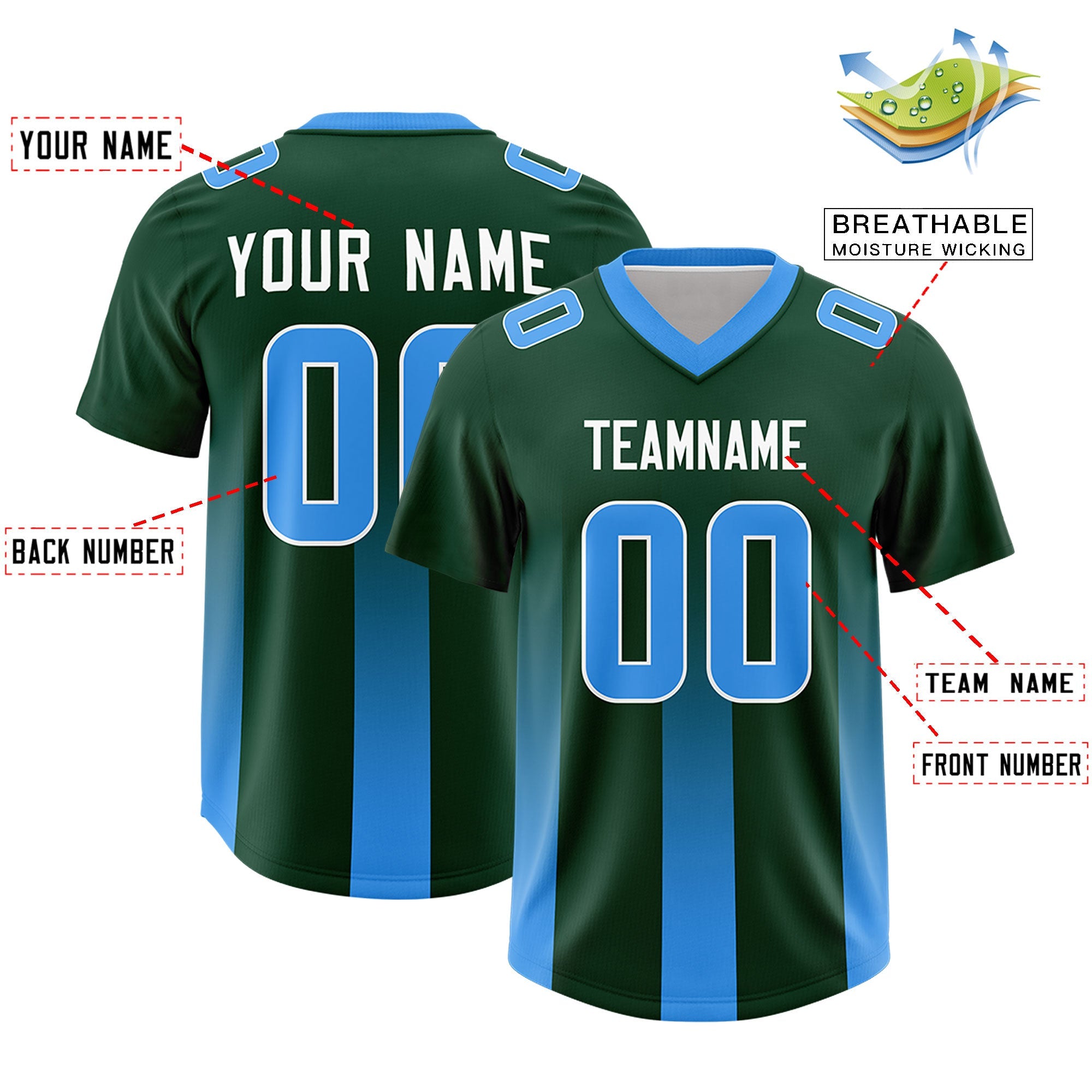 Custom Green Light Blue Vertical Width Stripe Gradient Fashion Personalized Team American Football Jersey