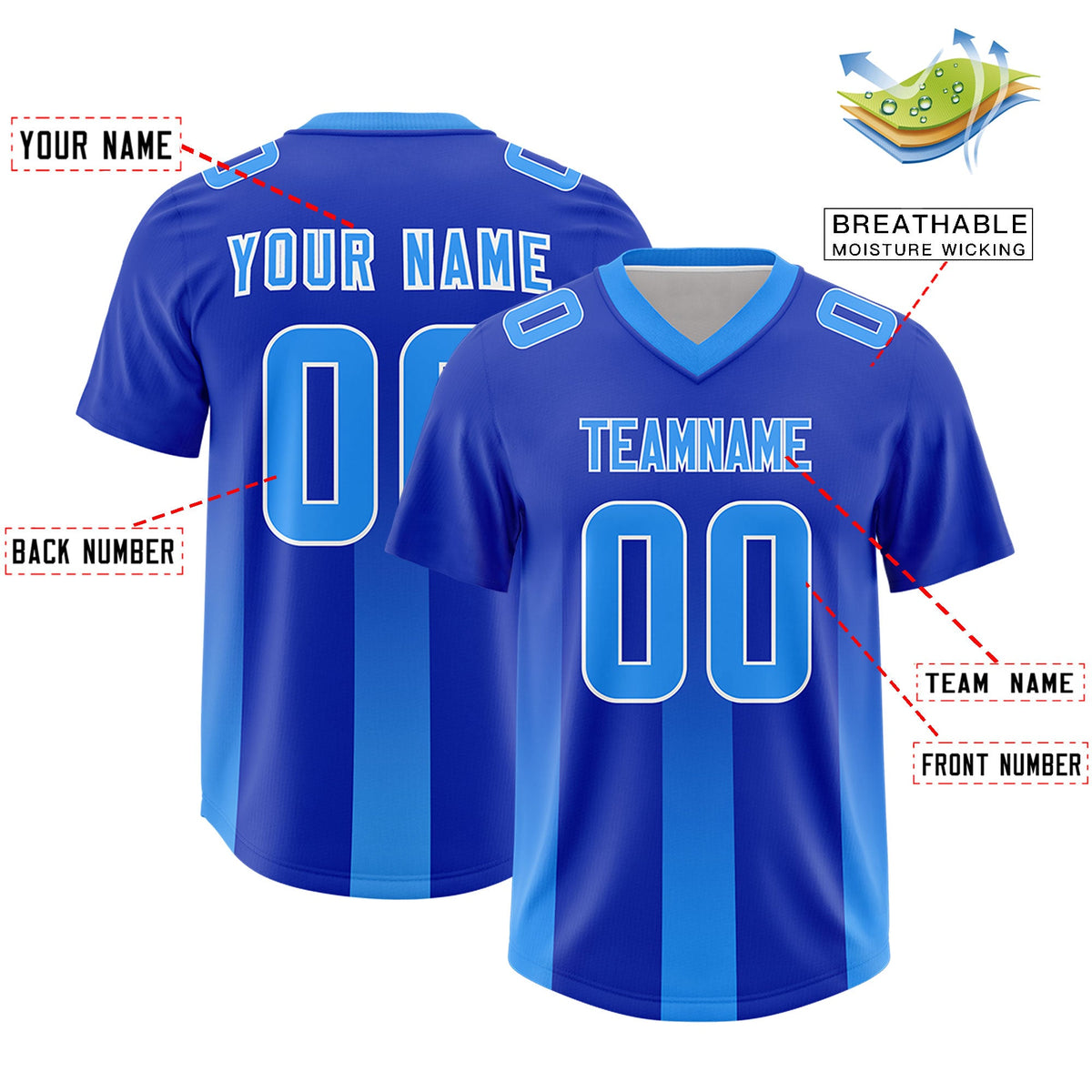 Custom Royal Light Blue Vertical Width Stripe Gradient Fashion Personalized Team American Football Jersey